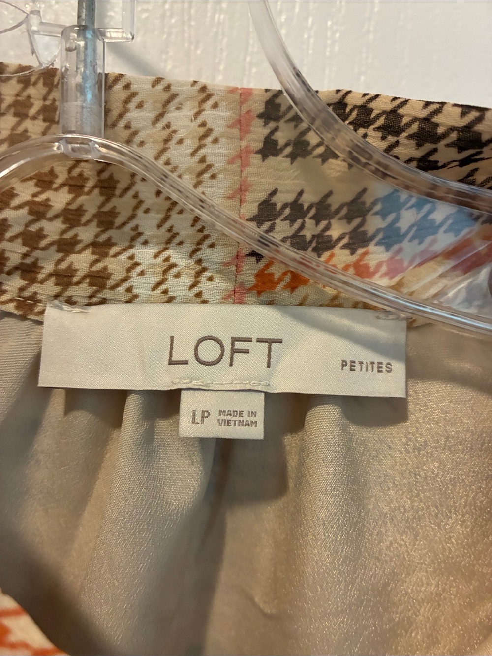 LOFT Beige Plaid Long Sleeve Tie-Neck Dress with Pink & Black Stripes - Picture 2 of 5